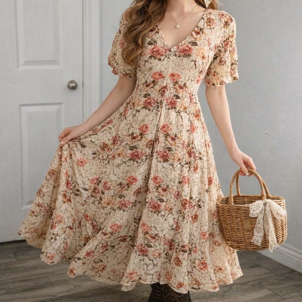 Vintage SHEER LACE Romantic Floral Cottagecore Fairy Victorian Festival Dress